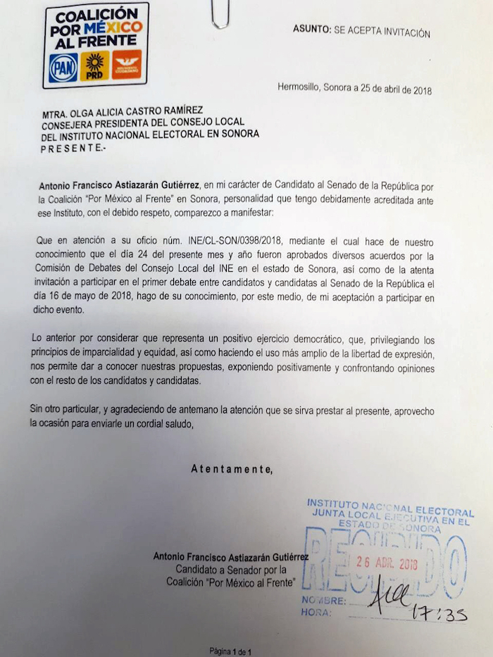 Llama Fórmula al Senado Por México al Frente a debatir por el beneficio de los sonorenses