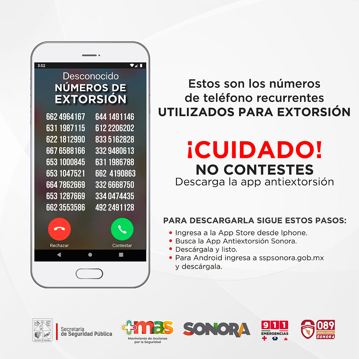 Emite SSP Sonora alerta de números de extorsión Emite SSP Sonora alerta de números de extorsión