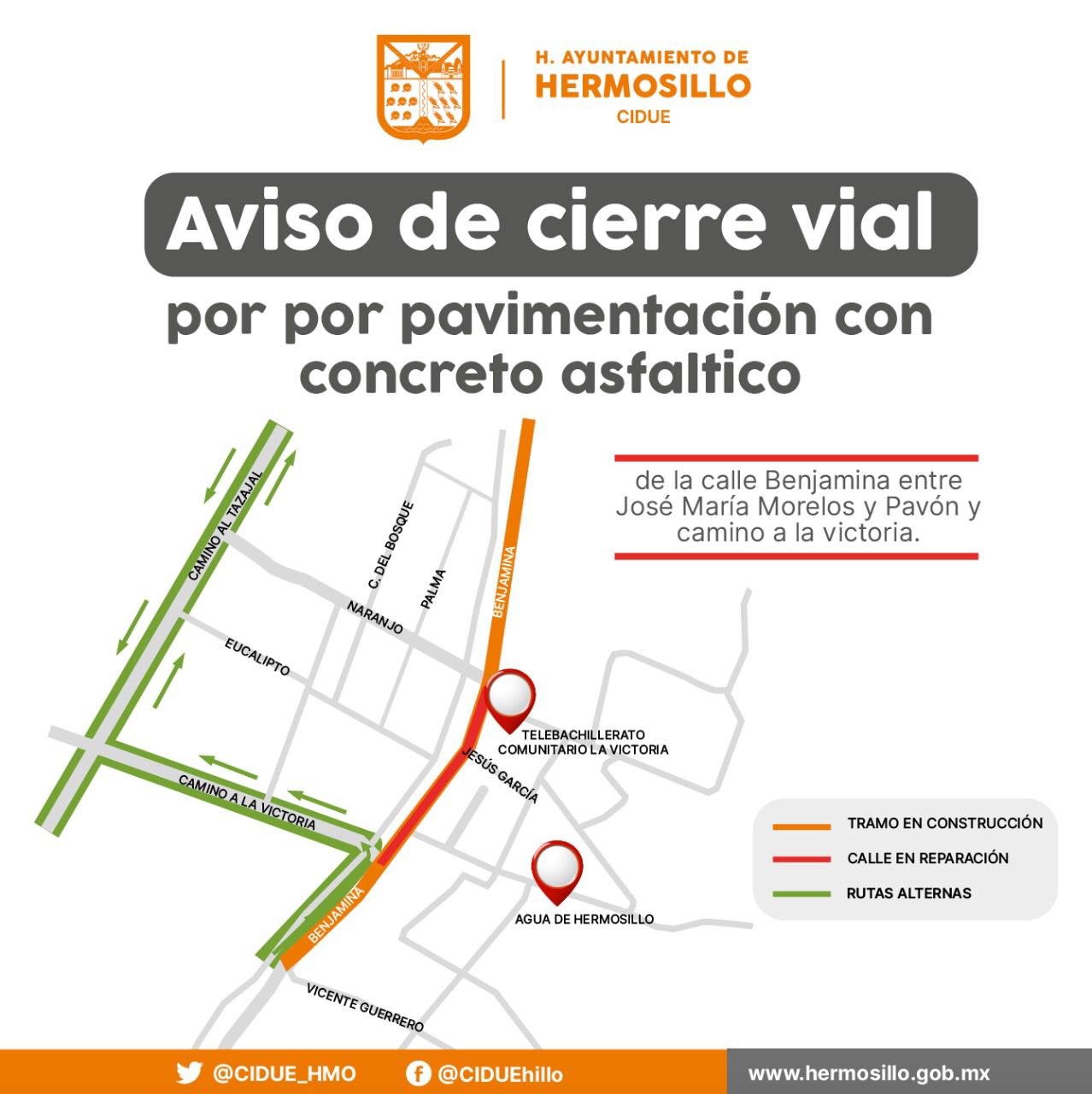 Avisa CIDUE sobre cierre vial en La Victoria por obra de pavimentación