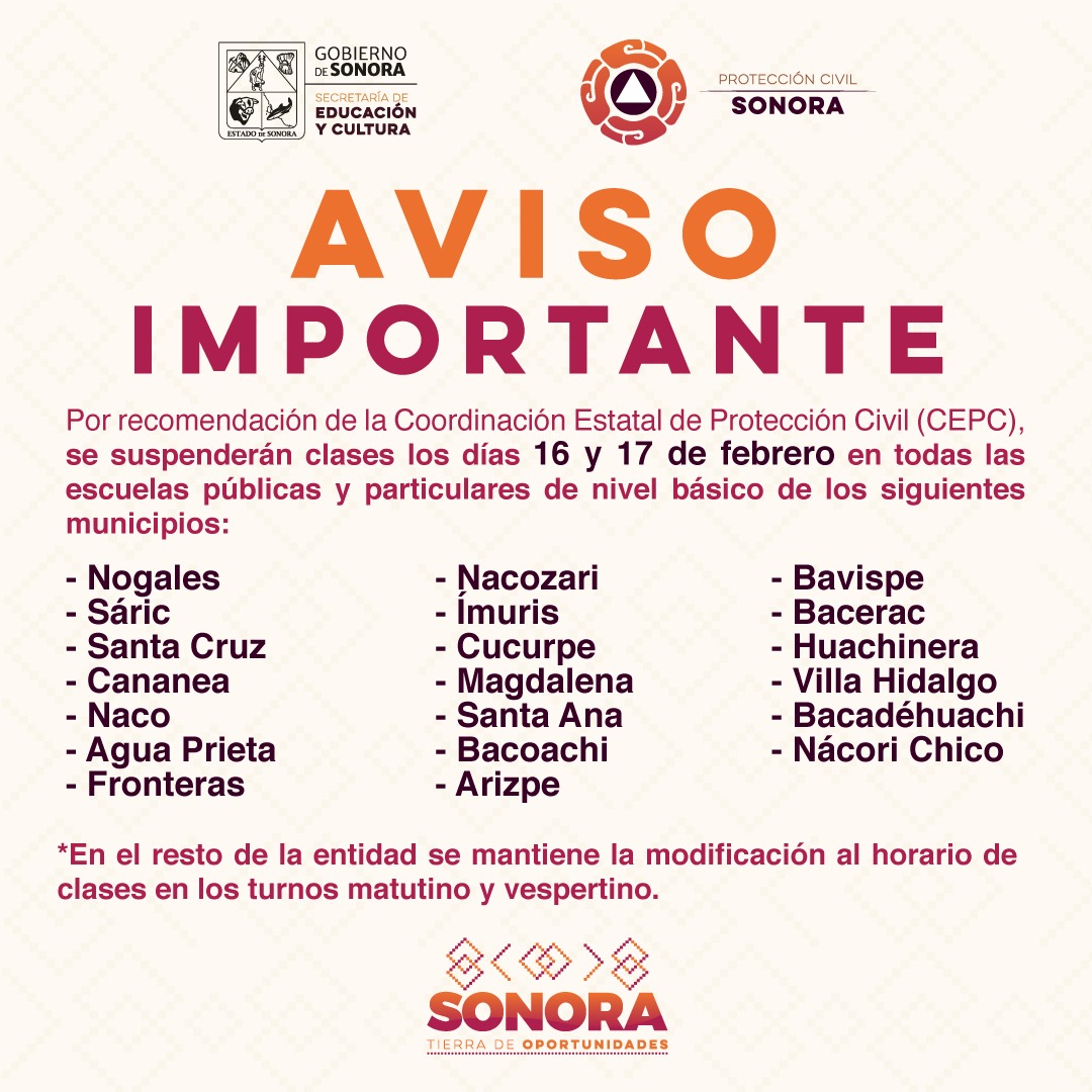 Recomienda Protección Civil suspensión de clases en 20 municipios sonorenses Recomienda Protección Civil suspensión de clases en 20 municipios sonorenses