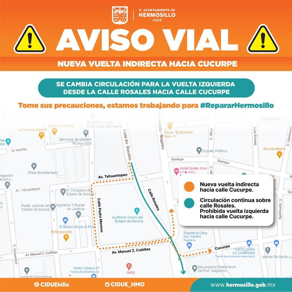 Acceso a la calle Cucurpe e incorporación a Pino Suárez desde la Rosales será sólo rodeando el Auditorio Cívico Acceso a la calle Cucurpe e incorporación a Pino Suárez desde la Rosales será sólo rodeando el Auditorio Cívico