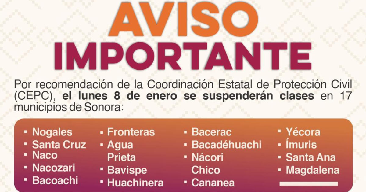 Anuncia SEC Sonora suspensión de clases por bajas temperaturas en 17 municipios de la entidad