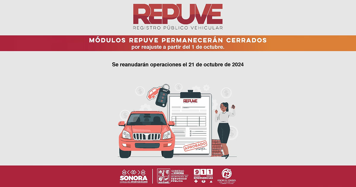 Retomará Repuve Sonora actividades el 21 de octubre por ajustes operativos