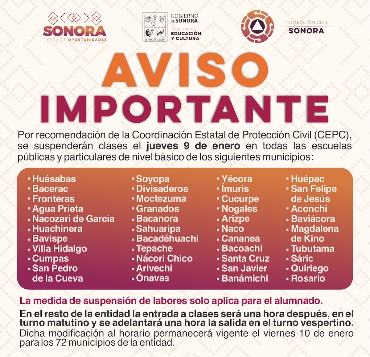 Anuncia SEC Sonora suspensión de clases por bajas temperaturas en 41 municipios de la entidad Anuncia SEC Sonora suspensión de clases por bajas temperaturas en 41 municipios de la entidad