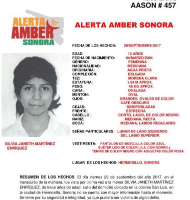 Activan Alerta Amber en Sonora por menor de 13 años Activan Alerta Amber en Sonora por menor de 13 años