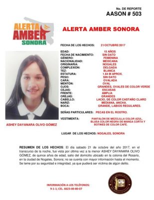 Activan alerta Amber por desaparición de menor en Nogales