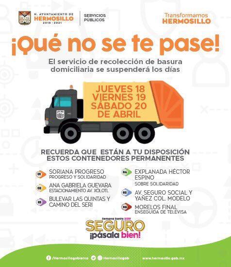 Suspenderán recolección de basura tres días de Semana Santa