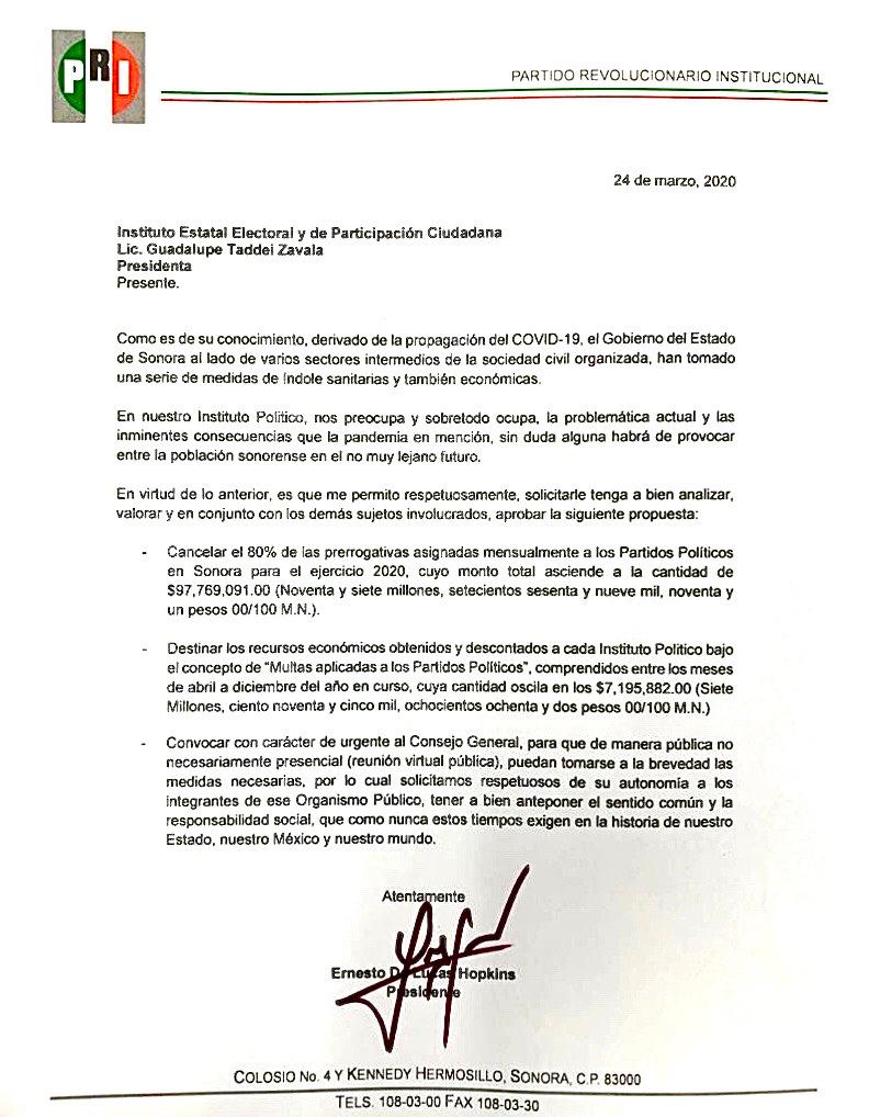 Exige Ernesto De Lucas a partidos a unirse al llamado de redireccionar prerrogativas por Covid-19