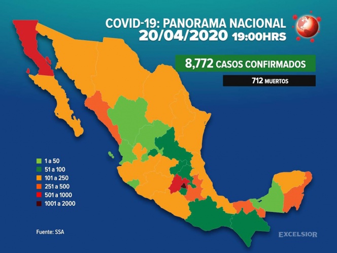 Sube a 712 la cifra de muertes por coronavirus en México; van 8,772 casos confirmados