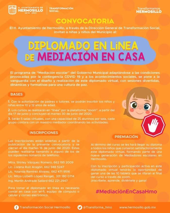 Invita Gobierno de Hermosillo a niñas y niños a Diplomado de Mediación en Casa