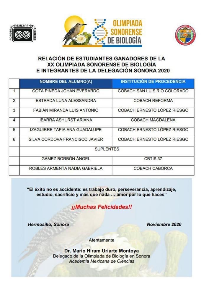 Representarán estudiantes de COBACH a Sonora en la 30ª Olimpiada Nacional de Biología