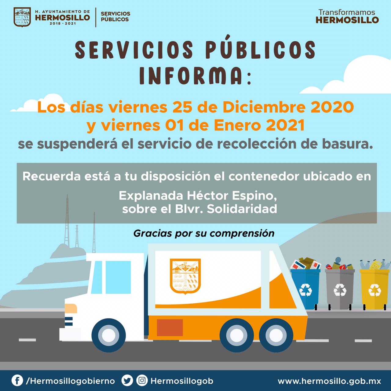 No habrá recolección de basura el 25 de diciembre y primero de enero