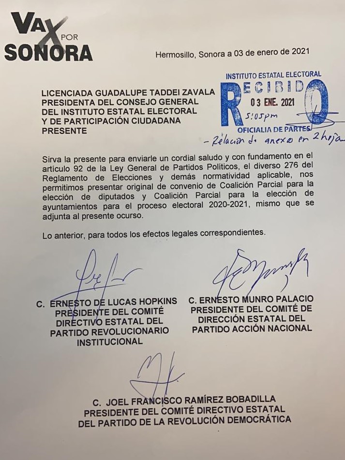 Registran PRI PAN PRD  alianza “Va Por Sonora”