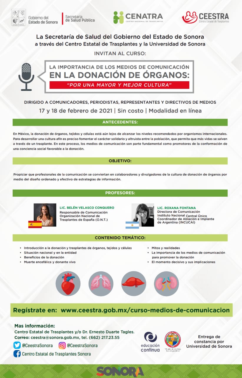 Invita Salud Sonora a Curso Virtual sobre Donación de Órganos