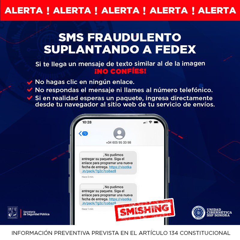 Alerta Unidad Cibernética de SSP Sonora por sofisticada y peligrosa estafa vía SMS