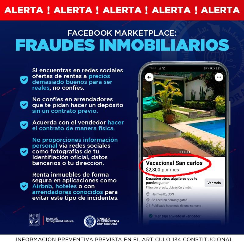 Alerta Unidad Cibernética de SSP Sonora por fraudes inmobiliarios