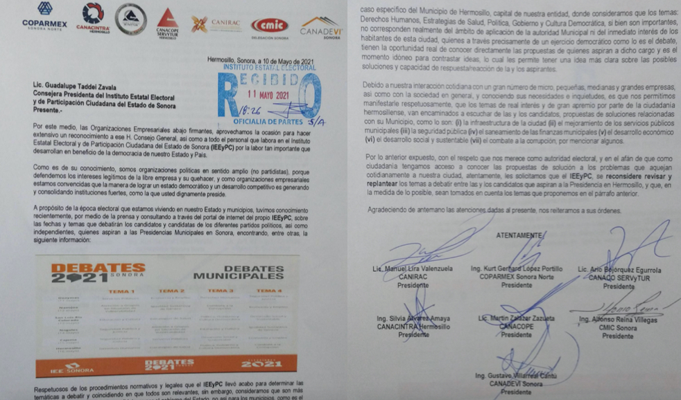Organizaciones empresariales exigen cambiar temas en debate a la presidencia municipal en Hermosillo