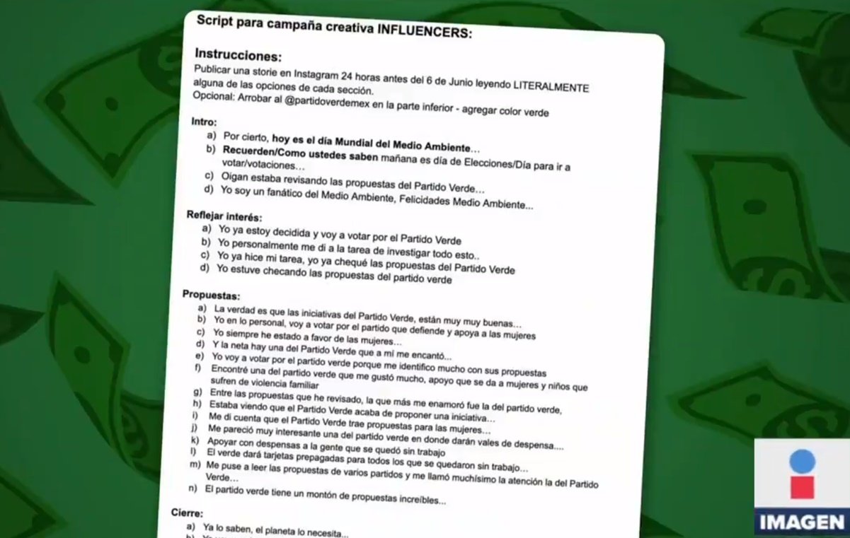 Revelan guión que influencers usaron para promocionar al Partido Verde Revelan guión que influencers usaron para promocionar al Partido Verde