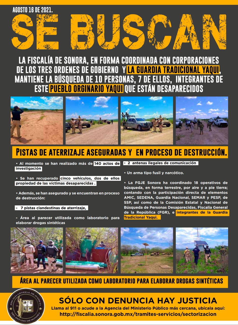 Mantienen búsqueda de yaquis desaparecidos Mantienen búsqueda de yaquis desaparecidos