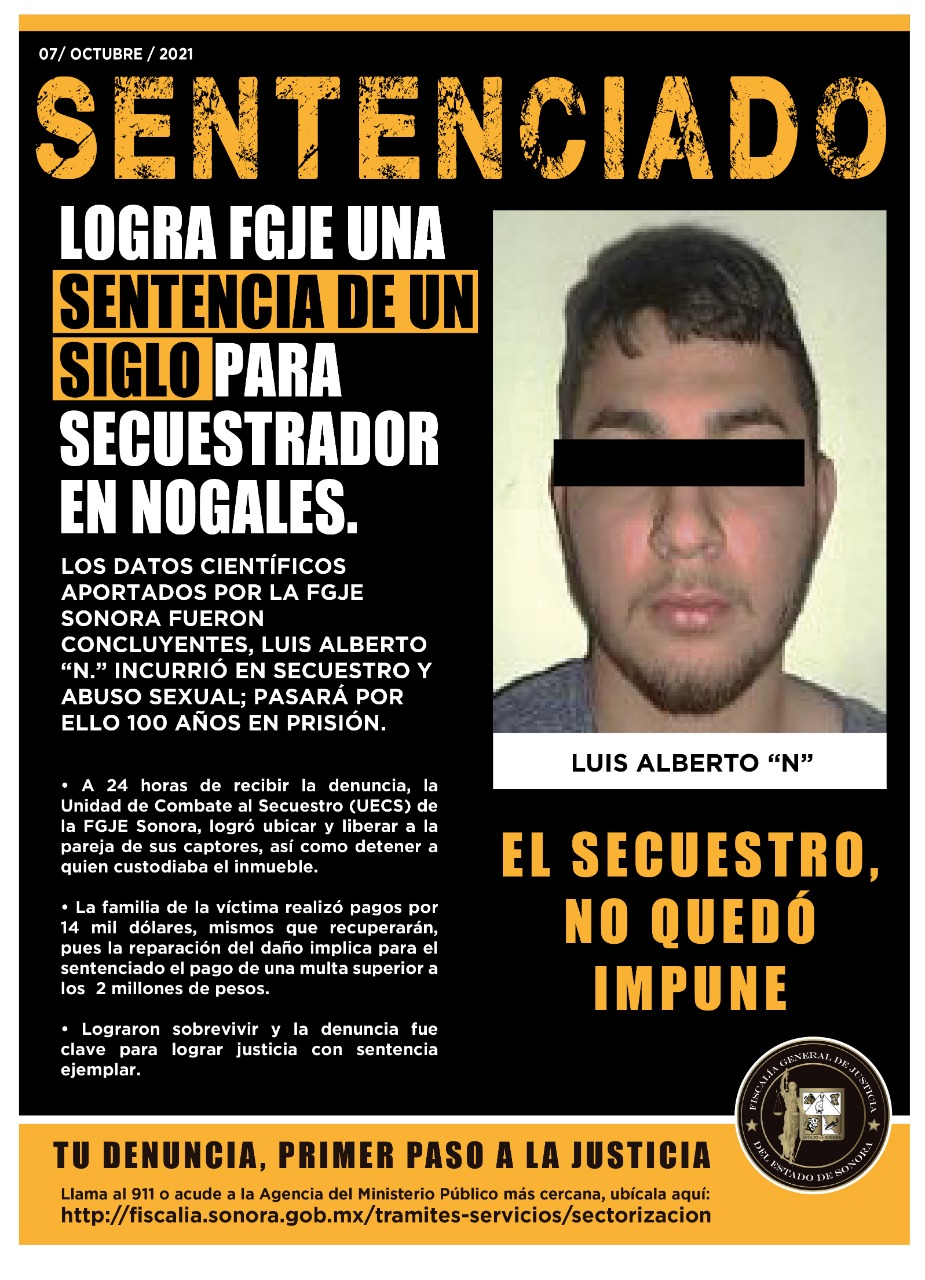 Logra FGJE un siglo de sentencia para secuestrador en Nogales