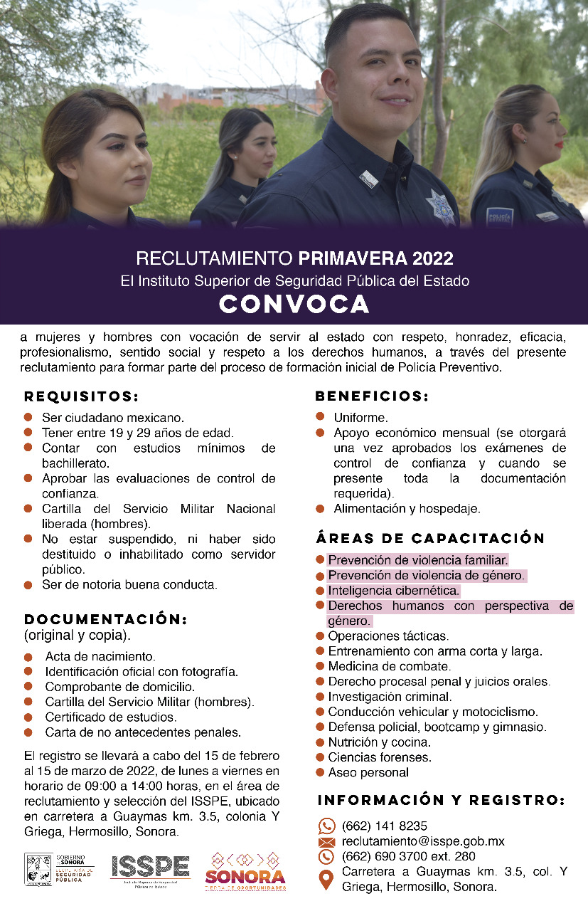 Lanza Isspe Sonora convocatoria de reclutamiento para Policía Preventivo “Primavera 2022”