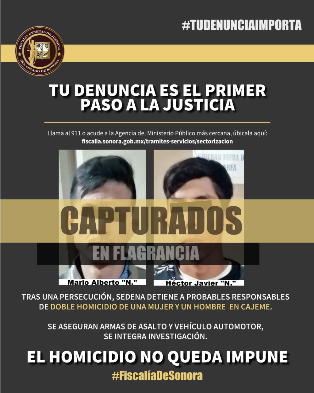 Detienen a probables responsables de doble homicidio en Cajeme