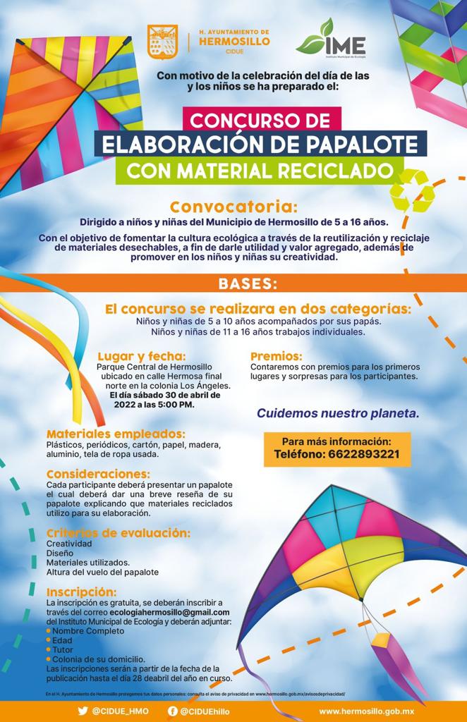 Convocan a niños de Hermosillo a concurso de papalotes hechos con materiales reciclados