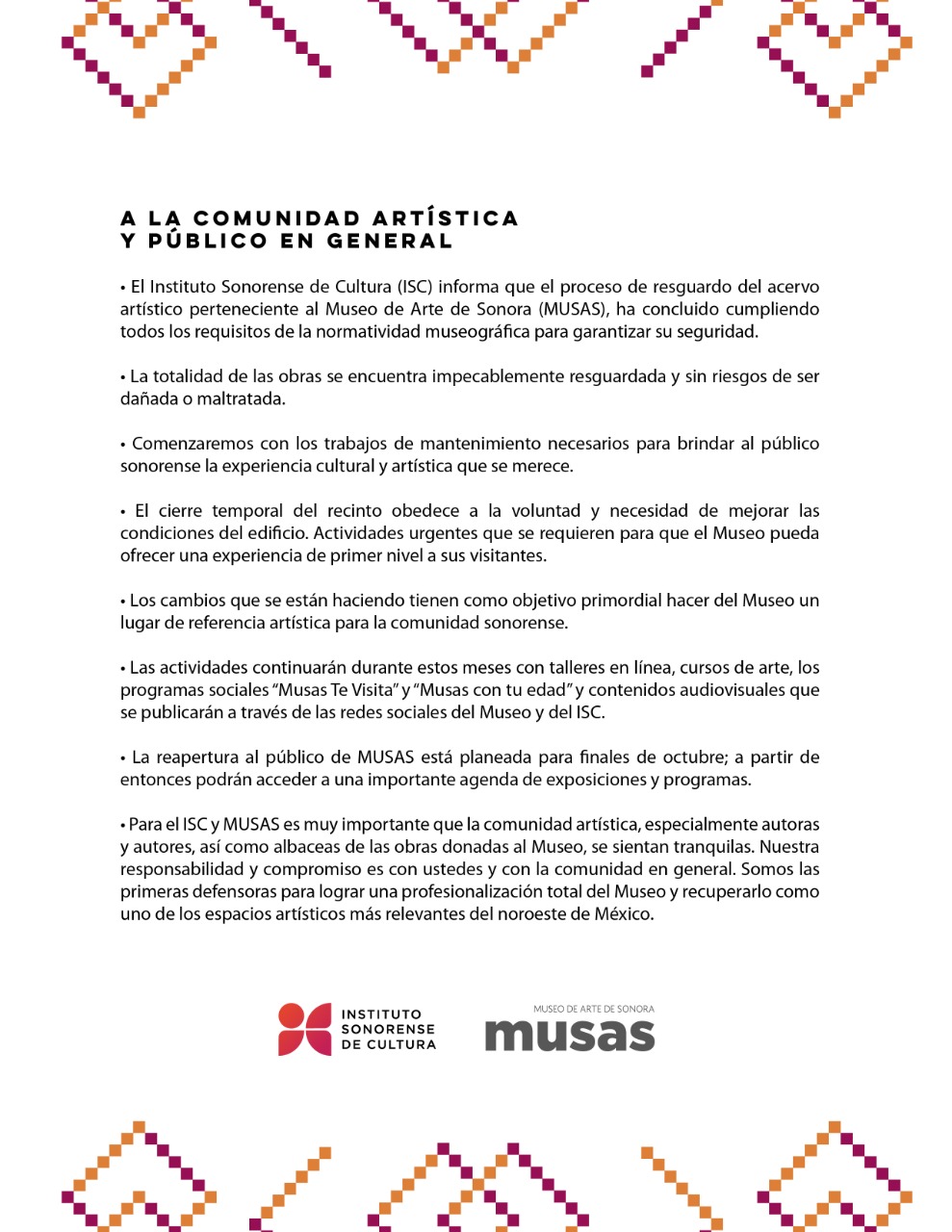A la comunidad artística y público en general