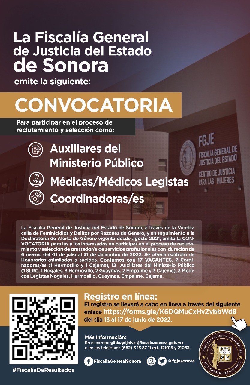 Hay 17 vacantes en la Fiscalía de Sonora, se abre convocatoria