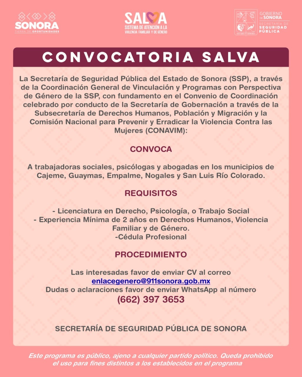 Lanza Secretaría de Seguridad convocatoria para sumarse al trabajo de atención a la violencia familiar y de género