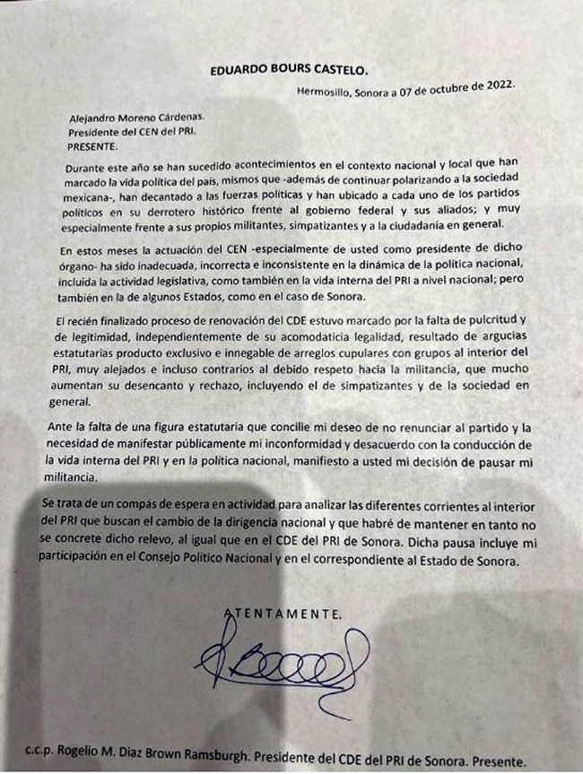 «Inconforme» con la conducción del partido, Eduardo Bours se aleja del PRI