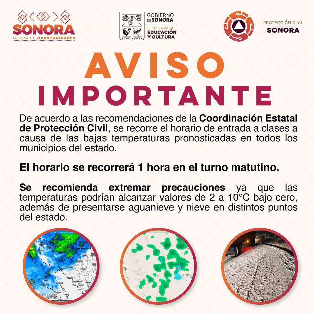 Recomienda Protección Civil modificar horario de clases por las bajas temperaturas: SEC Recomienda Protección Civil modificar horario de clases por las bajas temperaturas: SEC