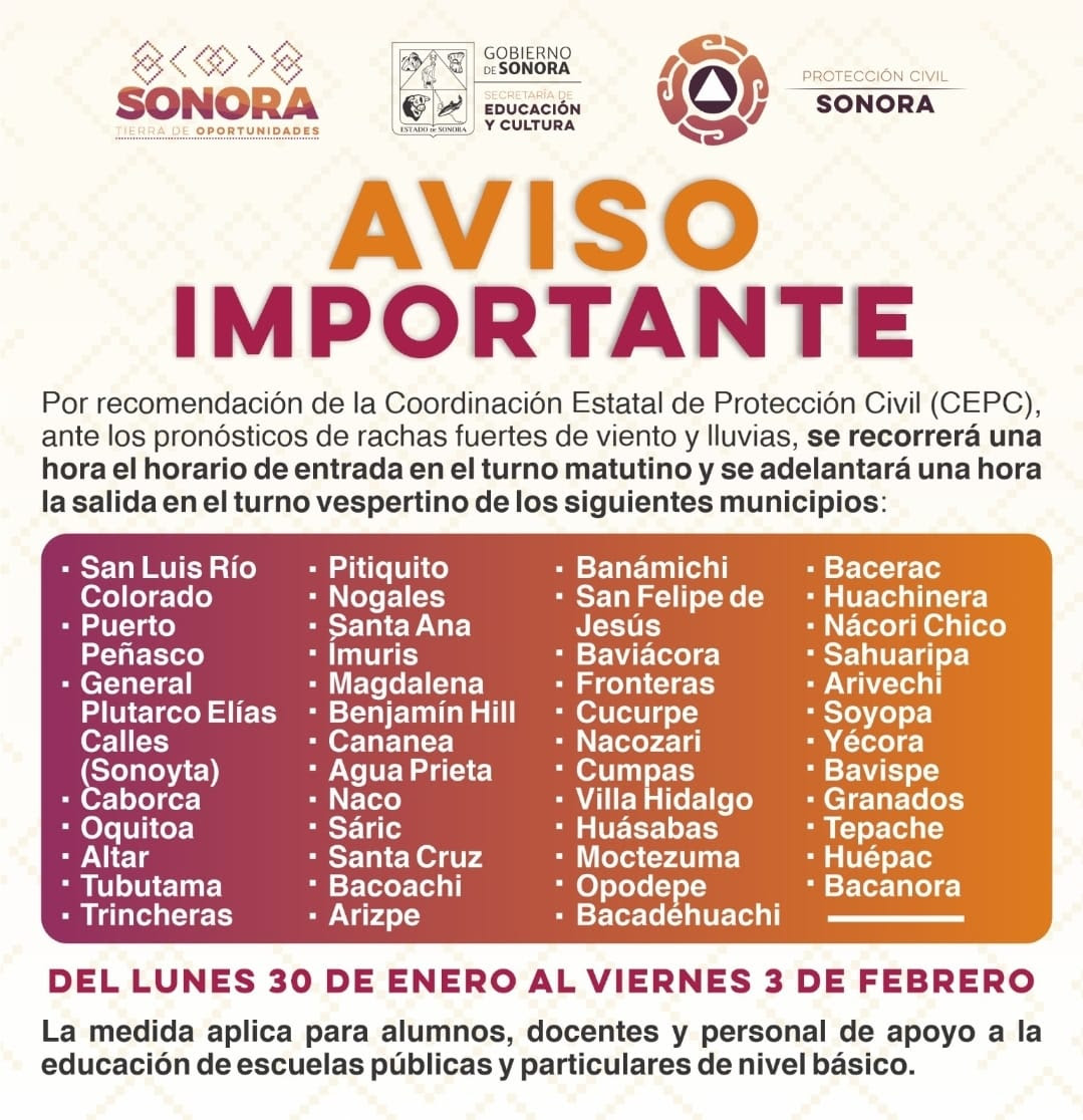 Recomienda Protección Civil modificación de horario escolar en 45 municipios: SEC