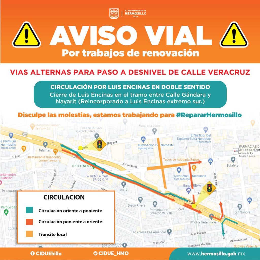 Cerrarán tramo de Luis Encinas por modernización de paso a desnivel