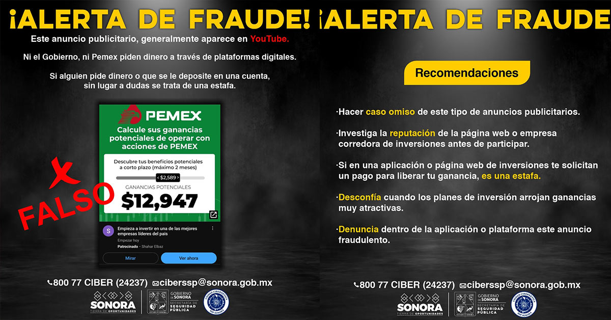Detecta Unidad Cibernética de Sonora anuncio falso que oferta acciones en empresa paraestatal