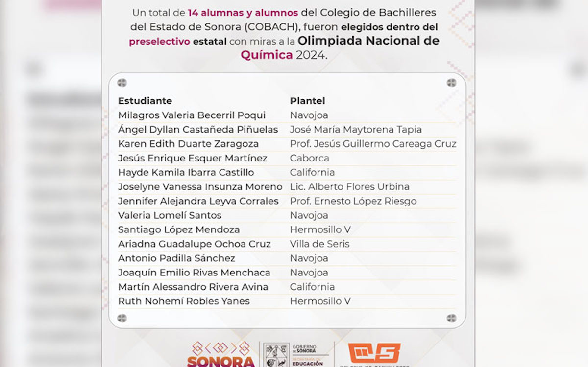 Estudiantes de Cobach Sonora forman parte del preselectivo para la 34 Olimpiada Nacional de Química 2024