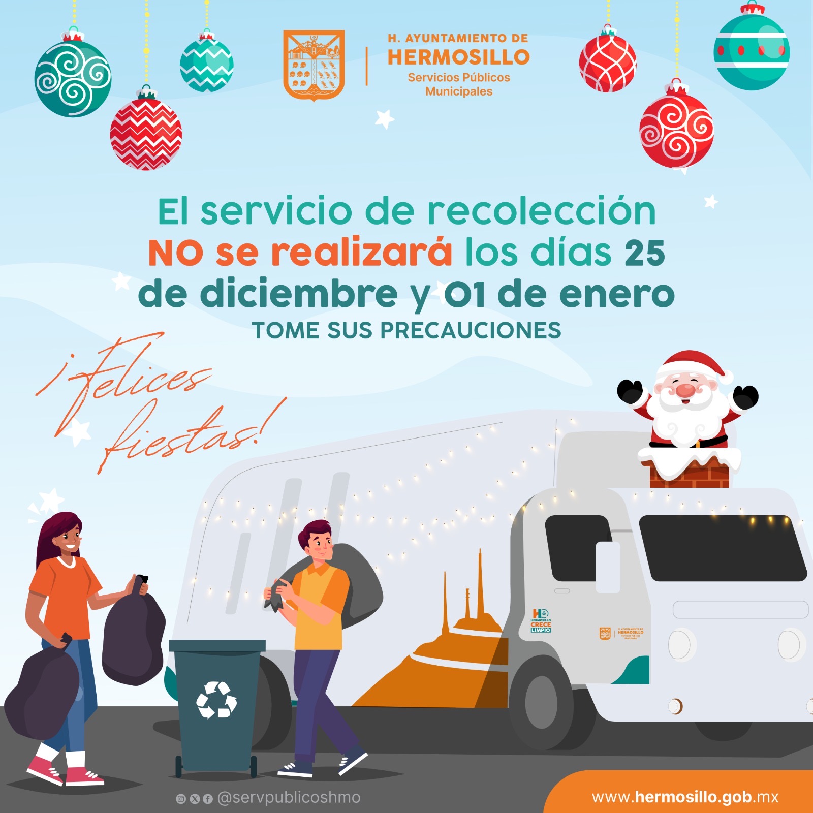 Anuncia Ayuntamiento de Hermosillo que suspenderá servicio de recolección los días 25 de diciembre y 1 de enero