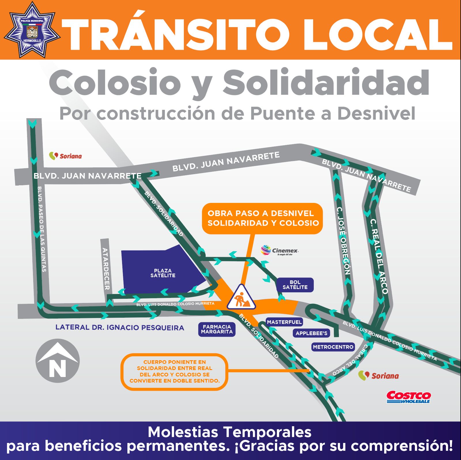 A partir del jueves 2 transitarán automovilistas por rutas alternas de Colosio y Solidaridad por inicio de obra de paso desnivel