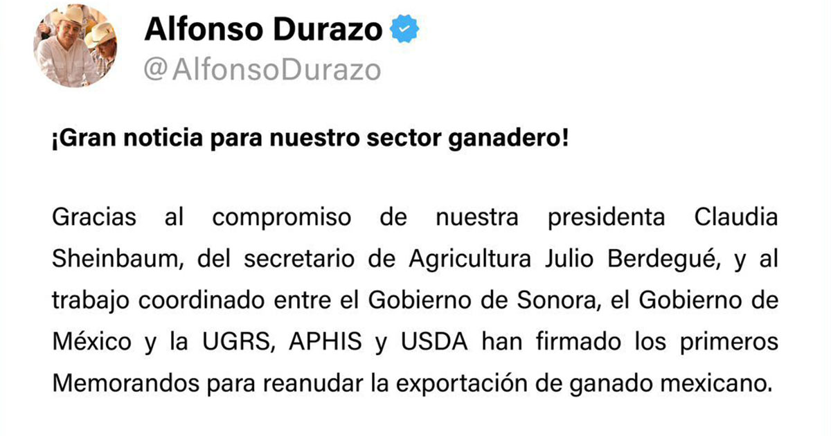 Logran Gobernador Durazo y Presidenta Sheinbaum reanudar la exportación de ganado sonorense