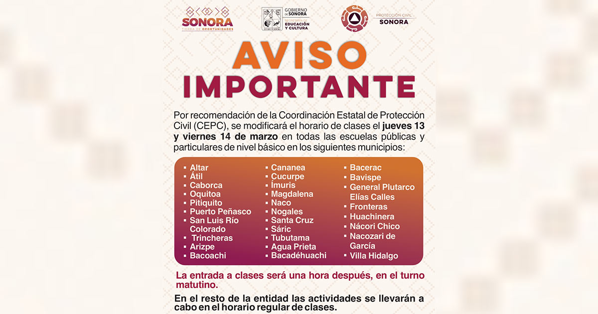 Anuncia SEC Sonora modificación de horario de clases por bajas temperaturas Anuncia SEC Sonora modificación de horario de clases por bajas temperaturas