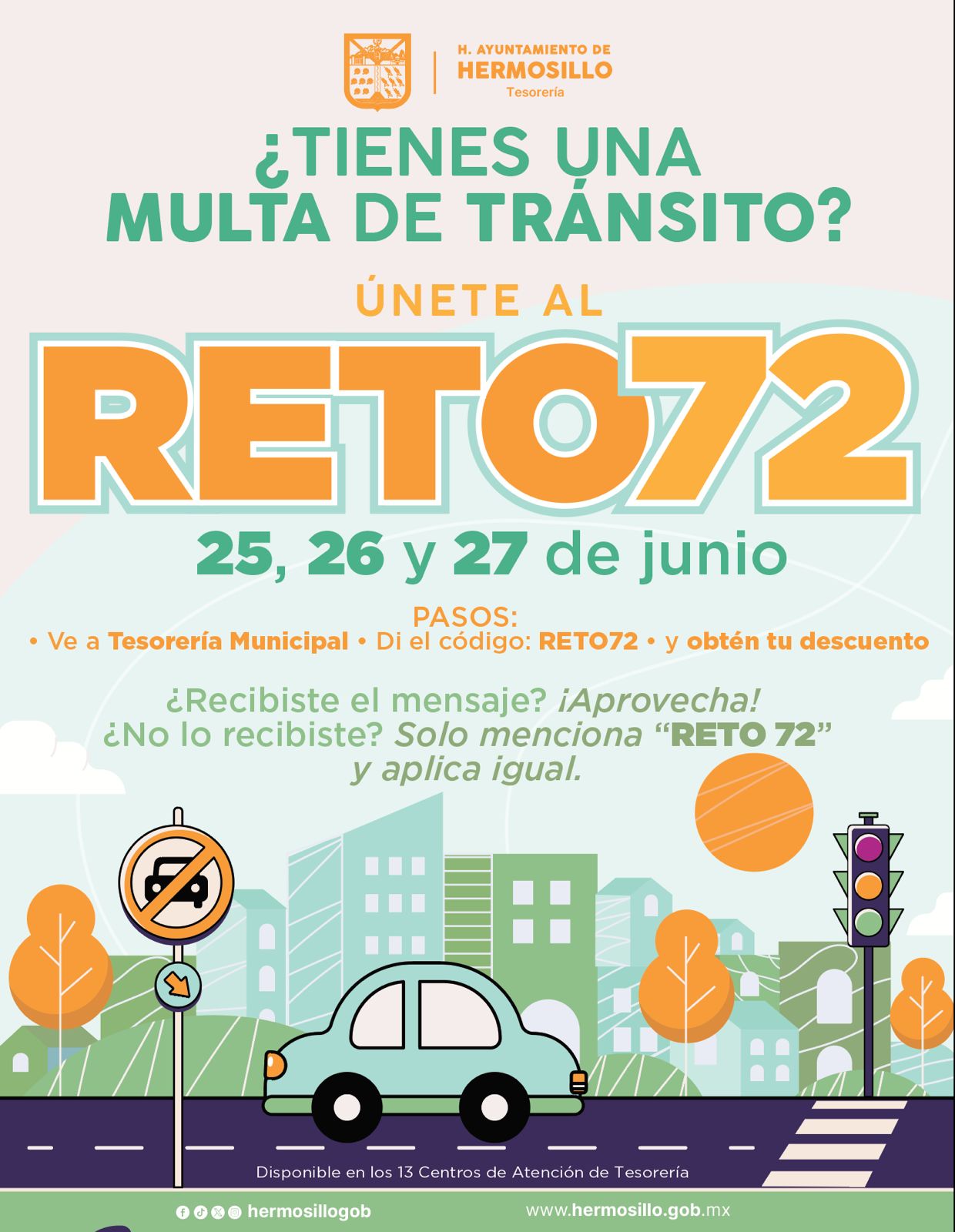 Ofrece Tesorería Municipal descuentos en multas de tránsito con «Reto 72»