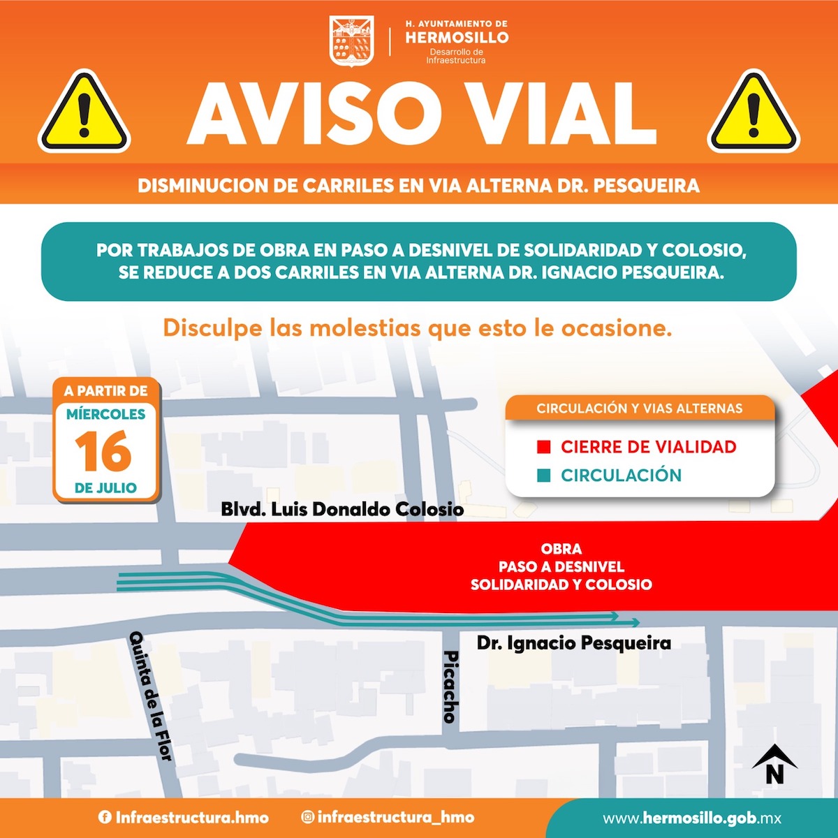Reitera Ayuntamiento de Hermosillo llamado a tomar precauciones por reducción de carriles en la calle Doctor Pesqueira