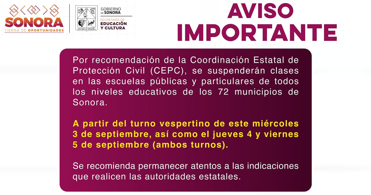 Emite Gobierno de Sonora medidas preventivas para el sector educativo ante pronóstico de lluvias: SEC